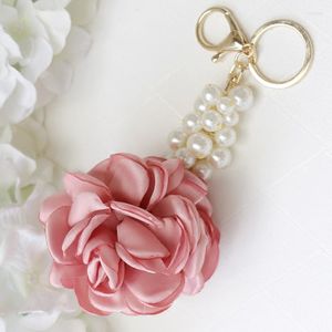 Keychains Rose Shape Cloth Flower Ball Keychain Key Ring For Women Bag Pearl Car Pendant Jewelry Gifts Trinket Chain EH400