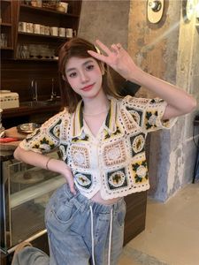 Women's Blouses GkyocQ 2023 Summer Women Blouse Loose Knitted Tops Floral Print Short Sleeve Hollow Out Knitwears Sweet Girls Female