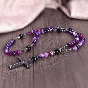 Colares com Pingente 8mm Roxo Renda Ágata Católico Rosário de Cristo Para Mulheres Hematita Cruz Mala Jóias Presente