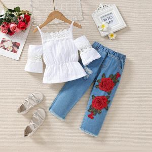 Conjunto de roupas de verão para meninas e bebês com suspensório oco e jeans bordado 2 peças conjuntos de roupas para meninas