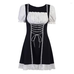 Casual Dresses Women Lolita Puff Short Sleeve Pleated Mini Dress Maid Square Neck Lace-Up High Waist A-Line Ruffle Lace Hem Costume P8DB