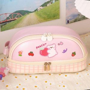 Bear High Capacity Two-layer PU Leather Pencil Case Japanese Student Stationery Kawaii School Supplies Cute Bags Back To