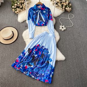 Women's Two Piece Dreses Pants New Spring Runway Gorgeous Flower Dress Women's Bow Shirt Collar Long Sleeve Floral Print Green Midi Pleated Vestidos 2023