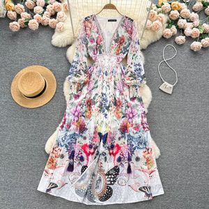 2023 Casual Dresses New Runway Flower Elegant Chiffon Maxi Dress Women Deep V Neck Long Lantern Sleeve Floral Print Holiday Party Split Robe Long