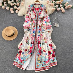 2023 Casual Dresses Autumn Winter Vinter FLOWER Lång klänning Kvinnor V-ringning Single-Breasted Lantern Sleeve Retro Print Bohemian Vestidos Robes