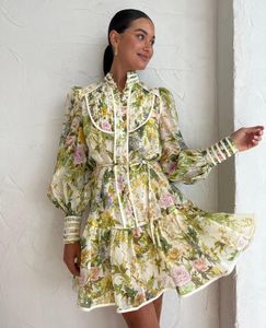 Casual Dresses Women Floral Print 2023 LINEN ROBE Single Breasted Stand Collar Folds Lantern Långärmad miniklänning