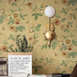 Bakgrundsbilder American Retro Yellow Floral Wallpaper Roll Classical Pastoral Vine Flowers Wall Paper Green Vintage Bedroom Living Room Decor