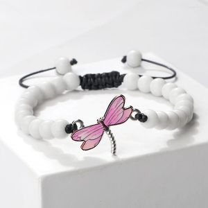 Strang 6mm Weiße Porzellanperlen Armband Mehrfarbiger Libellenanhänger Handgefertigte verstellbare geflochtene Armreifen für Frauen Männer Vintage-Geschenke