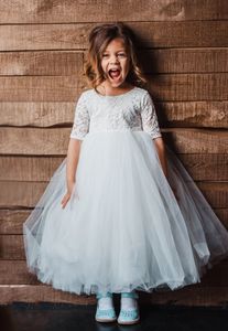 Spitzen-Blumenmädchenkleid, Tutu, weißer Tüll, Ballkleid, Erstkommunionkleid, Kleinkind, Kleinkind, Taufe, Junior-Brautjungfer, Hochzeitsgast, knöchellang