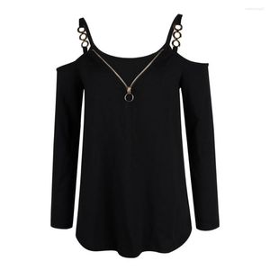 Kvinnors blusar Autumn Top Slim Fit Soft Stretchy Women Cold Shoulder Chain Strap Solid Color Tee Shirt Pullover Kvinnkläder