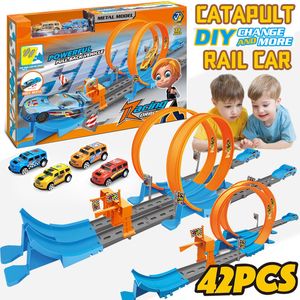 ElectricRC Track Diy Assembled Rail Car Kits Stunt Speed Double Pull Back Car Track Car Racing Boy Educational Toys For Children Birthday Gifts 230609