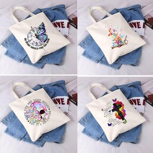 Shopping Bags Women Canvas Shoulder Bag Fashion Butterfly Series Tote Shoppers Eco Organizer Large Handbags Folding Grocery Pack