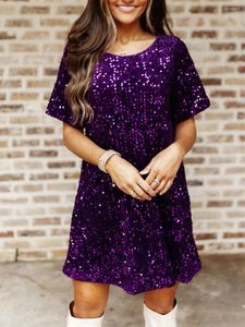 Casual Dresses Womens Sequin Mini Dress Short Sleeve Sparkly Babydoll Glitter Party Concert Dance Disco Clubwear Crewneck Purple