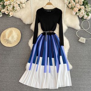 2023 Casual Dresses Autumn Knitted Patchwork Pleated One Piece Dress Women Long Sleeve Sweater Dress Office Lady Stripe Print Midi Vestidos