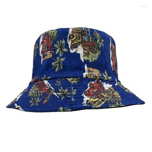 Berets Panama Bucket Hat Men Women Summer Reversible Cap Coconut Tree Print Chapeau Bob Car Beach Gorros Fishing Fisherman