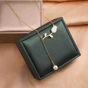 Pendant Necklaces 316L Stainless Steel Pearl Necklace Rose Inlaid Shell Clavicle For Women Arrival Gift Jewelry Accessory Bijoux