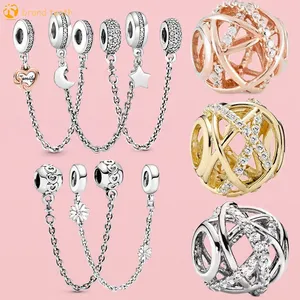 Prata esterlina 925 para pandora charms contas autênticas pulseiras contas Openwork Round Infinity Love Flower Moon Safety Chain