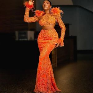 Orange Aso Ebi Mermaid Prom Dress Lace Beaded Evening Formal Party Second Reception Birthday Bridesmaid Engagement Gowns Dresses Robe De Soiree ZJ es