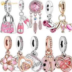 Argento sterling 925 per charms pandora Ciondolo con perline autentiche Bracciali da donna Perle di vetro di Murano Auricolare con cuore rosa adorabile