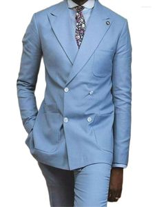 Abiti da Uomo Costume Homme Uomo Abito da Sposa Azzurro Uomo Blazer Pantaloni 2 Pezzi Giacca Pantaloni Sposo Groomsmen Abiti su Misura