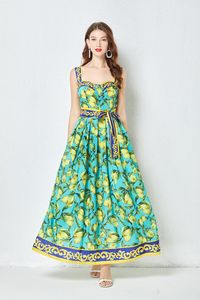 Casual Dresses Womens Runway Fashion Maxi Summer Bohemia Lemon Print Lace Up Belt High midje semester Lång spaghetti rem klänning