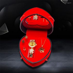 Relógios de pulso moda relógio para mulheres com forma de coração caixa de presente elegante colar brinco anel senhoras quartzo conjunto presentes gota