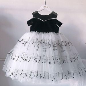 Sukienki dla dziewczynek 2-10Y Klasyczne czarne fortepian trening treningowy Dress Off ramion feading o nokół wieczór