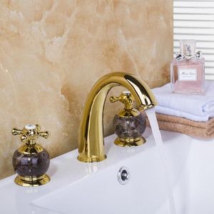 Banyo Lavabo muslukları mermer ve altın havza musluğu lavabo çift saplı güverte monte edilmiş musluk soğuk su karışıcı ayırt