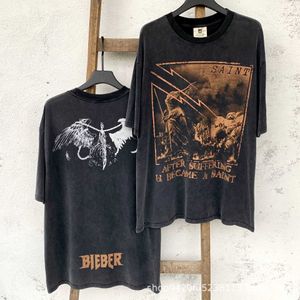 Noxf ny stil T-shirts för män och kvinnor modedesigner Saint Michael Summer Angel Wings Exclusive Cho Old Washed Short Sleeve