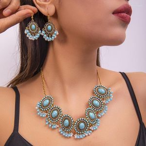 Necklace Earrings Set Exaggerated Bohemia Turquoise Jewelry Women Ethnic Style Pearls Beaded Tassel Short Chokers Drop