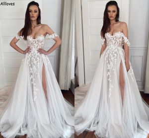 Hippie Bohemian Western Country Cowgirl Wedding Dresses Sexy Off The Shoulder Lace Appliqued Vintage Bridal Gowns Thigh Split A Line Tulle Robes de Mariee CL2424