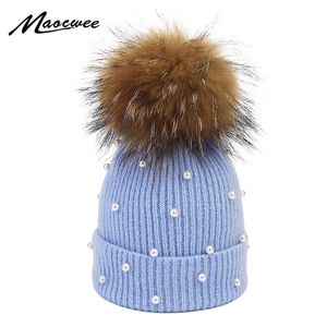 Pearl Wool Vailies Kobiety prawdziwy futra pomp pompom moda perła dzianinowy kapelusz dziewczynki żeńska czapka czapka pompom zimowa kapelusz dla kobiet3093