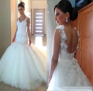 2023 Abiti da sposa a sirena Applique in pizzo Paillettes Fiori Cinghie senza schienale Sweep Train Tulle Abito da sposa su misura vestido de novia