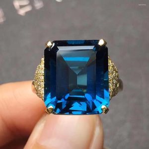 Klusterringar fina smycken real 18k rosguld AU750 Natural London Blue Topaz Gemstone Female for Women Ring