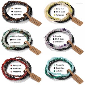 Strand 3pcs/Set Doğal Taş Bileklik 4mm Agates Turkuaz Kuvars Boncuklar Elastik İyileştirici Yoga Bangles Kadın Erkek Takı