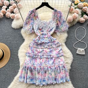 Vestidos casuais passarela férias verão malha bolo vestido feminino manga bufante gola quadrada bordado miçangas guarnições de renda mini vestidos 2023