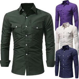 Erkekler Sıradan Gömlekler İlkbahar ve Sonbahar Erkekler Uzun Kollu Gömlek Yakalı Cep Dekoratif T-Shirt Kore Moda Sokak Elbise Üstü