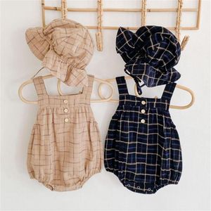 Infant Baby Girls Boys Bodysuits Plaid Print Sleeveless Autumn Casual Toddler Jumpsuits With Hat Kids Overalls Outfits 201216310V