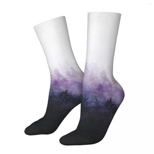 Herrensocken, lustige verrückte Socken für Männer, lila Wald, Nebel, Hip Hop, Harajuku-Design, Kunst, glückliches nahtloses Muster, bedruckt, Jungen-Crew-Geschenk