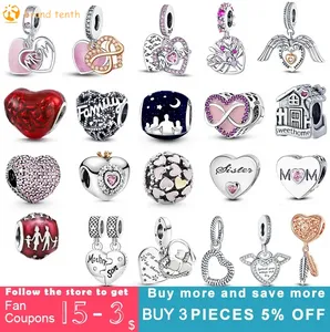 Prata esterlina 925 para pandora charms pingente autêntico pingente feminino pulseiras contas cor família formato de coração charm