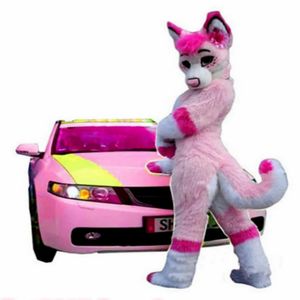 Långhårig tygdräkt Wolf Fox Pink Husky Dog Mascot Costume Suit Adult Party Game Dress With Fan Halloweent Costume Walking Hallowe