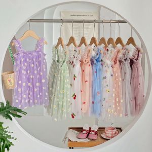 Girl's Dresses Cute Daisy Embroidered Suspender Mesh Girls Dress Summer Colorful Flowers Sweet Baby Birthday Party Princess Dress 1-6T 230609