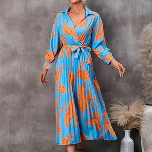 Casual Dresses Floral Print Långt för kvinnor Autumn Elegant Lapel Boho Beach Maxi Lady Sleeve Pleated Belted Dress