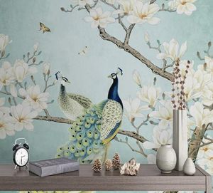 Tapety dostosowują 3D Tapeta Peacock White Flowers on the Blue Tła Papiery Wall Papers Decor Home Decor