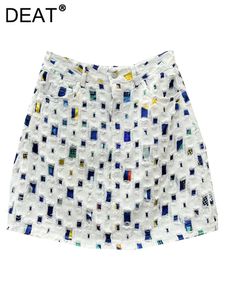 Spódnice DEAT Fashion damski dżinsowa spódnica Slim Zipper Contrast Color Plaid Burr High Talle Pockets Mini spódnice Summer 17A7179 230609