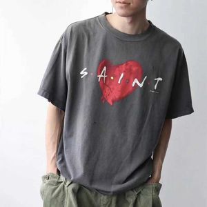 9igs New Style T-shirts for Men and Women Fashion Designer Saint Michael Broken Heart Old Printed Wash Short Sleeve American High Street Casual