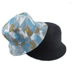 Berets Vintage Denim Reversible Bucket Hat Men Women Fashion Washed Cotton Fisherman Graffiti Print Hip Hop Caps Sun Hats