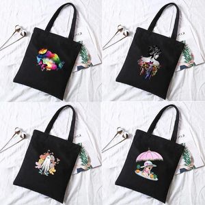 Alışveriş çantaları monet çizim basılı omuz çantası kadın tuval alışveriş peyzaj boyama çanta bayanlar yeniden kullanılabilir gündelik tote