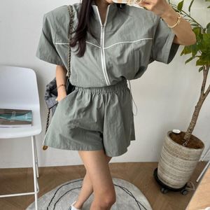 Tute da donna Corea 2023 Abiti sportivi di moda per donna Giacca con cerniera a maniche corte Cappotto Pantaloni casual Donna Set da 2 pezzi