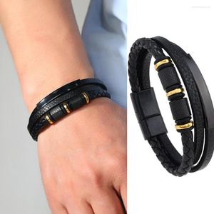 Charm Bracelets Vintage Leather Bracelet Men Woven Multilayer Fashion Simple Titanium Steel Magnetic Button Jewelry For